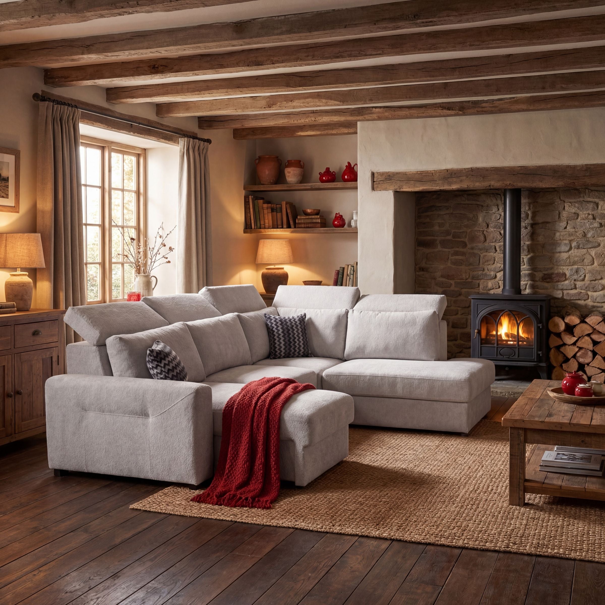 Cozy living room with a fireplace, wooden beams, and a sectional sofa.